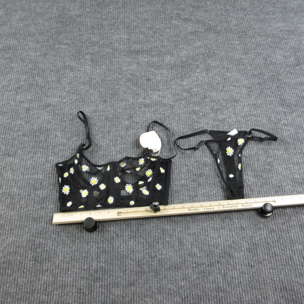 Moxy Intimates Bra Set Womens M Black Bralette Mesh Daisy Embroidered Sheer NWT